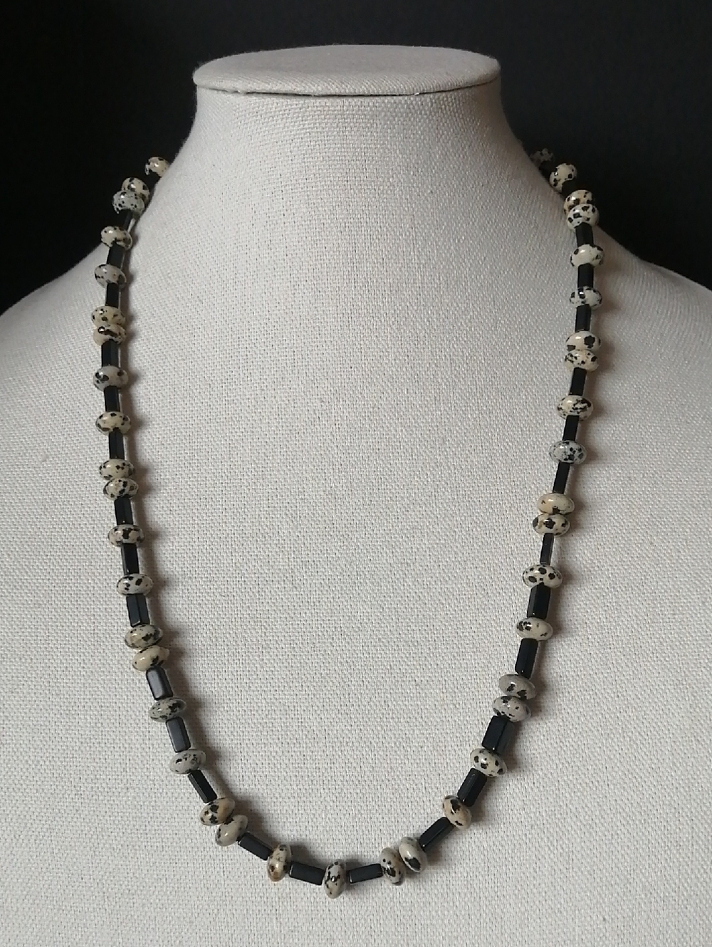 Artisan Dalmatian Jasper and Black Bead Necklace Neutral Two-Tone Handcrafted